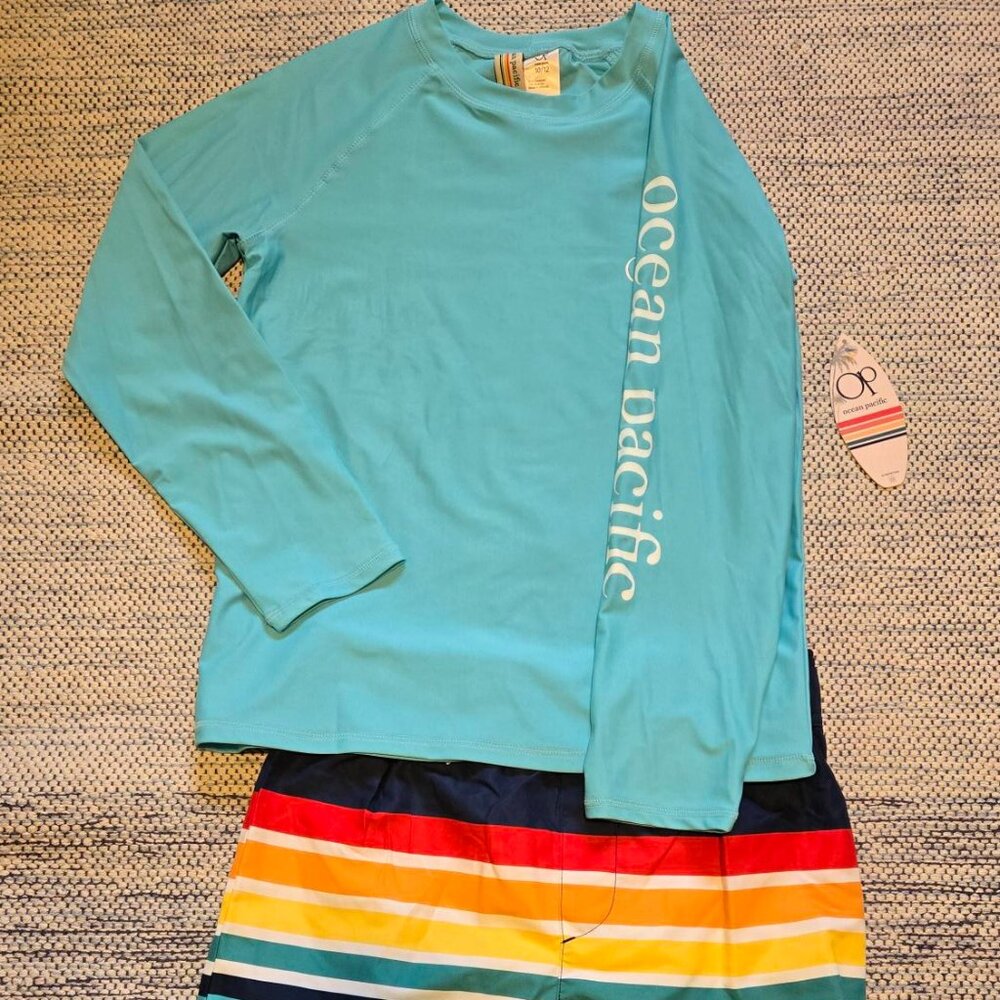 BNWT Size 10/12 Ocean Pacific Kids/Youth Rash Guard Swim Set